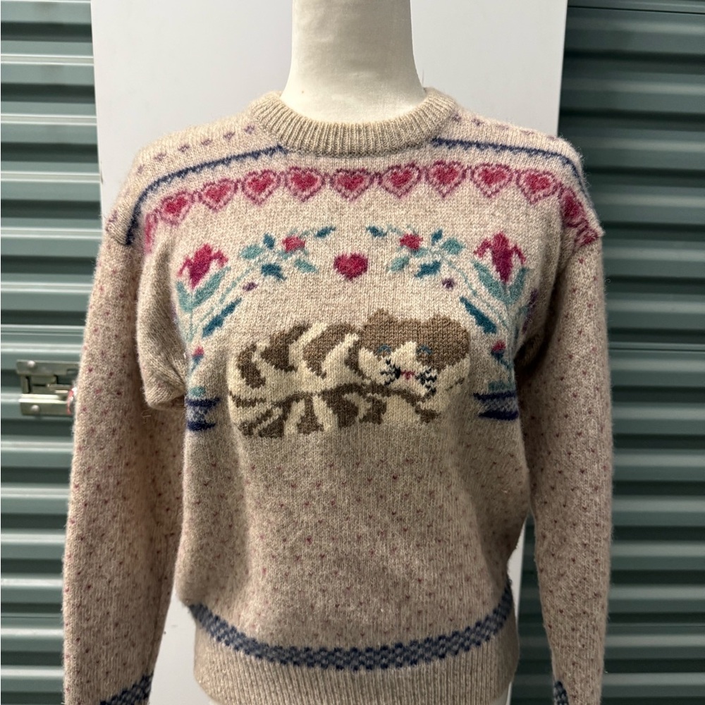 Eddie Bauer Cream Off-the-Shoulder Sweater with Pink and Blue Accents